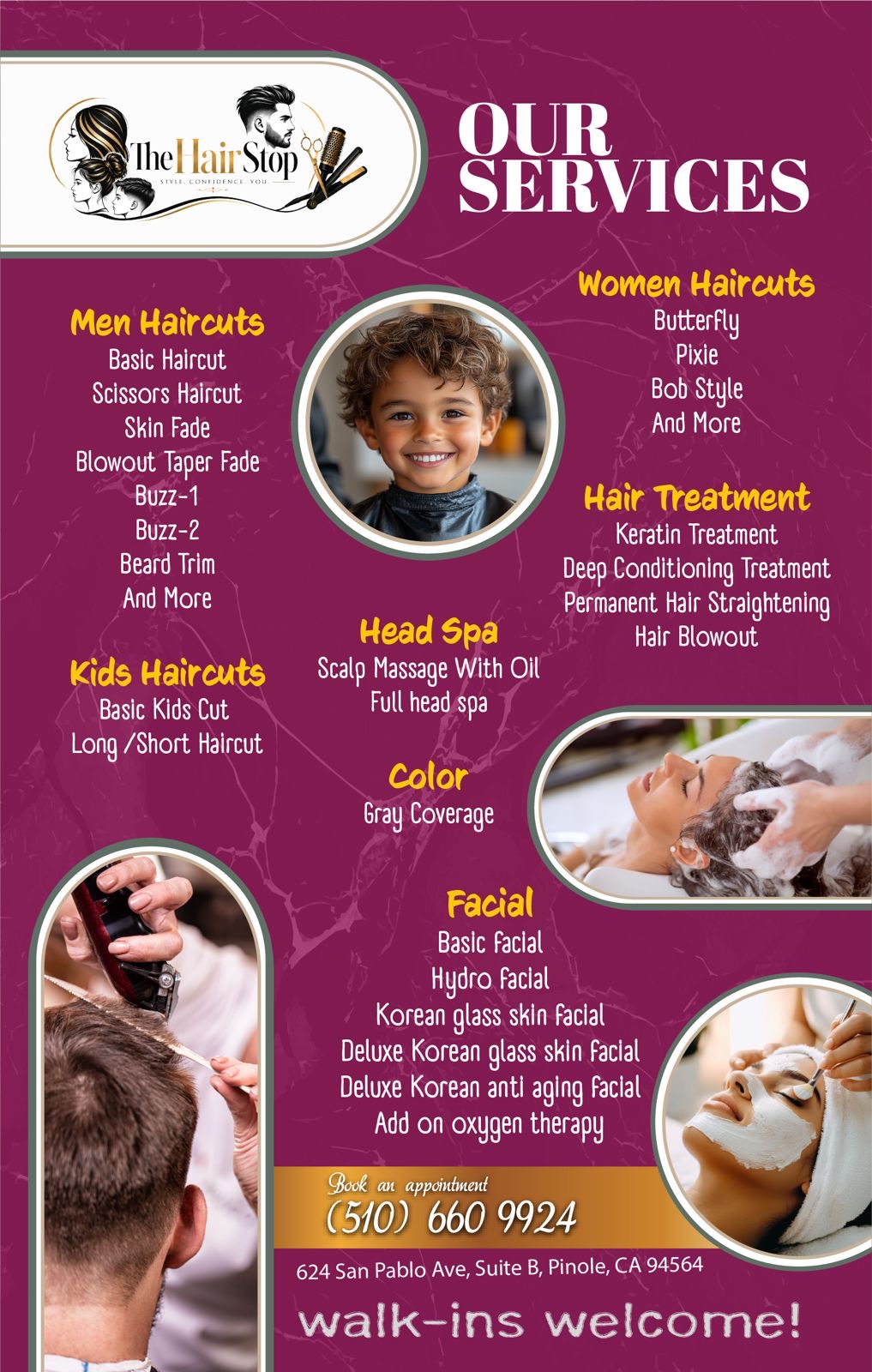 The Hair Stop full salon services menu featuring haircuts, head spa, hair treatments, color and facials